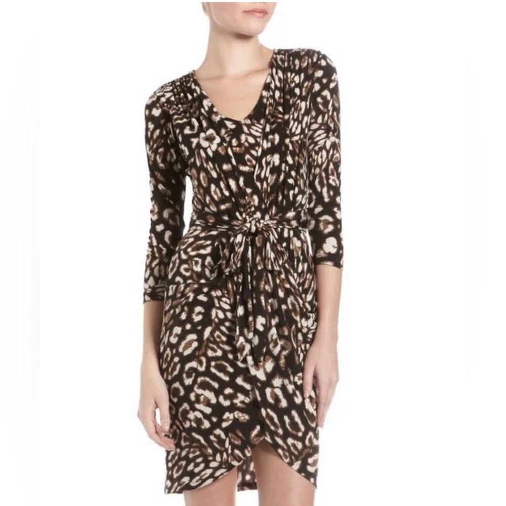 BCBGMAXAZRIA Zaria Wrap Dress Leopard Print Tie Waist 3/4 Sleeve Size S